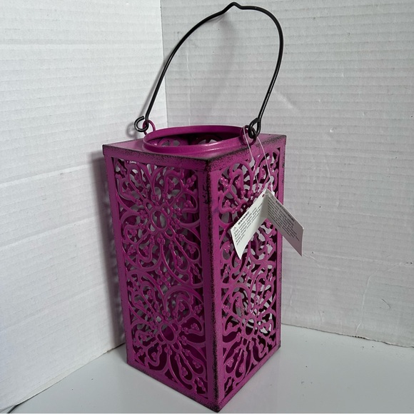 Pink hanging Metal candle lantern 4” x 4” x 8” - just add votive candle - Picture 2 of 7